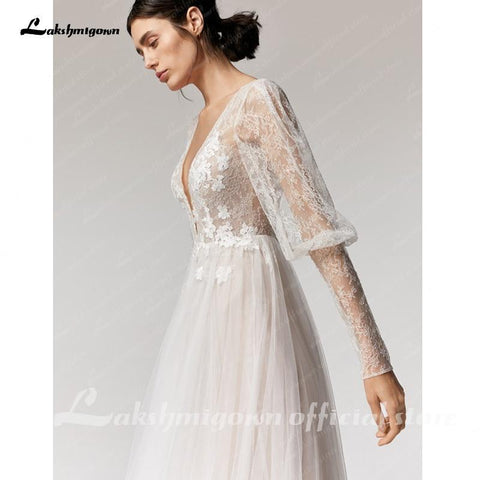 NumberSea Vintage Deep V Champagner Brautkleid A-Linie lange Ärmel
