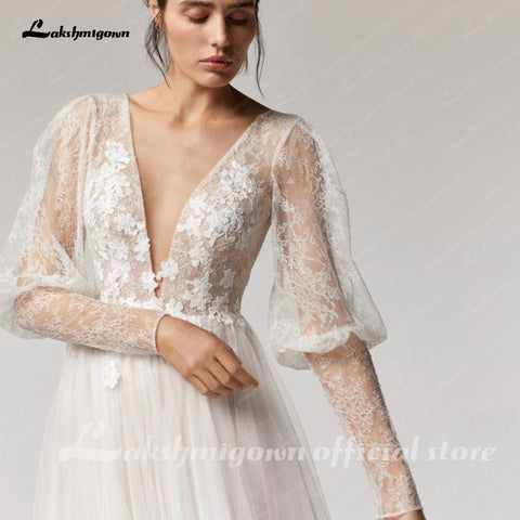 NumberSea Vintage Deep V Champagner Brautkleid A-Linie lange Ärmel