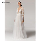 NumberSea Vintage Deep V Champagne Wedding Dress A Line long sleeves