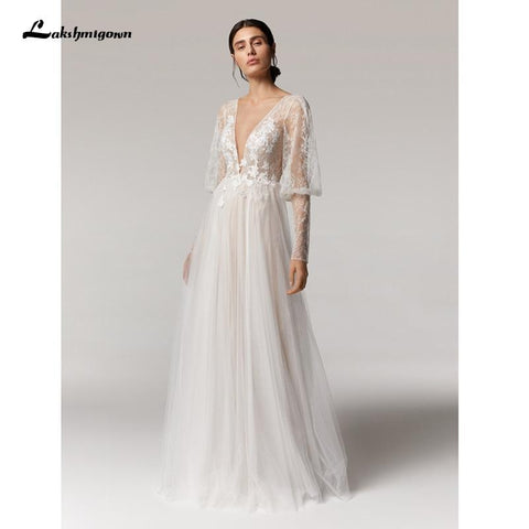 NumberSea Vintage Deep V Champagner Brautkleid A-Linie lange Ärmel