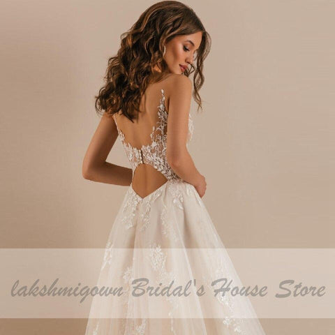 NumberSea Vintage Spitze Boho Brautkleid Tiefer V-Ausschnitt Champagner Brautkleid