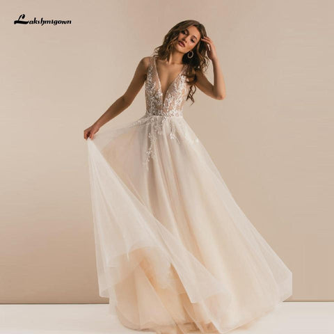 NumberSea Vintage Spitze Boho Brautkleid Tiefer V-Ausschnitt Champagner Brautkleid