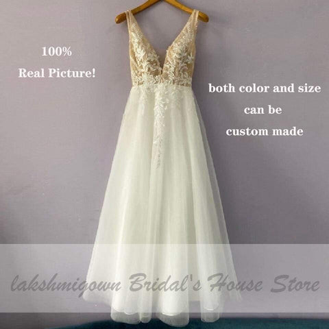 NumberSea Vintage Spitze Boho Brautkleid Tiefer V-Ausschnitt Champagner Brautkleid