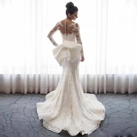 NumberSea Vintage Spitze Langarm Meerjungfrau Brautkleid Sexy