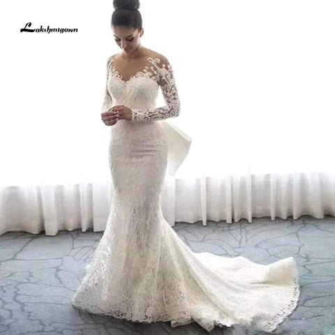 NumberSea Vintage Spitze Langarm Meerjungfrau Brautkleid Sexy