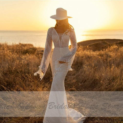 NumberSea Vestido de noiva vintage com renda e manga abalonada, estilo boho, estilo sereia, sem costas