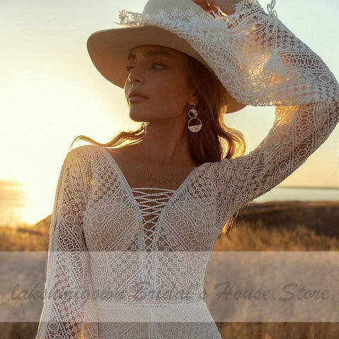 NumberSea Vestido de noiva vintage com renda e manga abalonada, estilo boho, estilo sereia, sem costas