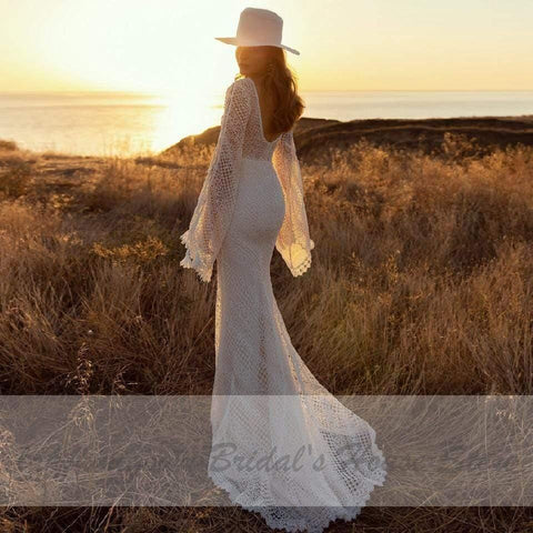 NumberSea Vestido de noiva vintage com renda e manga abalonada, estilo boho, estilo sereia, sem costas