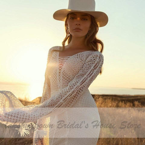 NumberSea Vestido de noiva vintage com renda e manga abalonada, estilo boho, estilo sereia, sem costas
