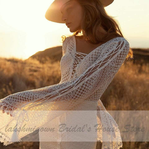 NumberSea Vestido de noiva vintage com renda e manga abalonada, estilo boho, estilo sereia, sem costas