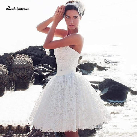 NumberSea Vintage Spitze Kurzes Brautkleid Strand Sommer Trägerloses Brautkleid