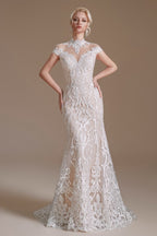 Vintage Long Mermaid High-neck Lace Wedding Dress with sleeves