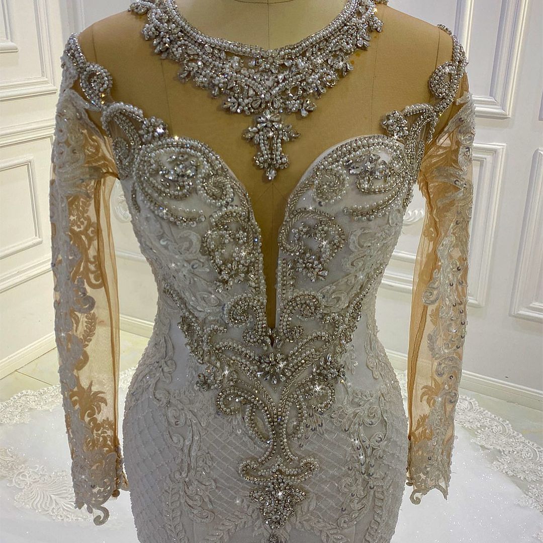 Vintage Langarm-Applikationen Spitze Perlen Pailletten Meerjungfrau Brautkleid