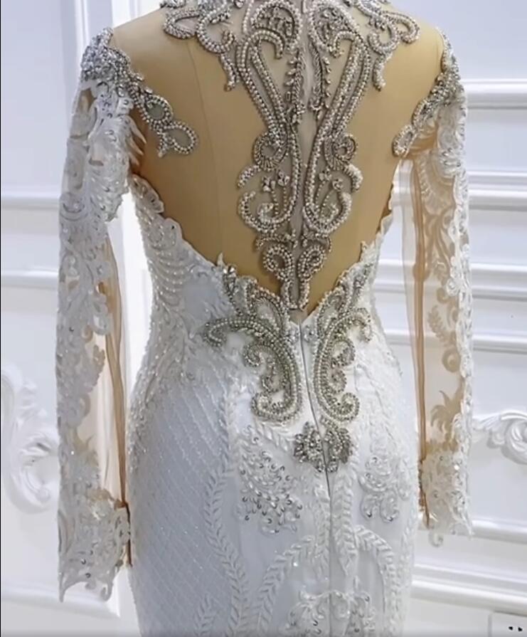 Vintage Langarm-Applikationen Spitze Perlen Pailletten Meerjungfrau Brautkleid
