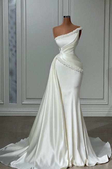 Vintage langes weißes einseitiges schulterfreies Brautkleid mit Perlen