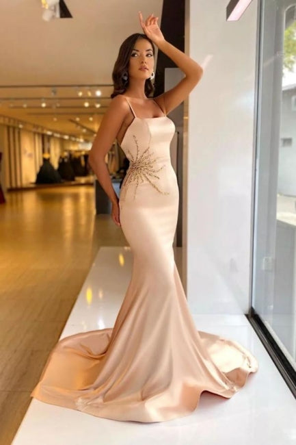 Vintage Meerjungfrau-Satin-Spaghettiträger-Trägerloses Abendkleid