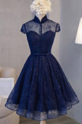 Robe de bal vintage bleu marine à manches bretelles PD281