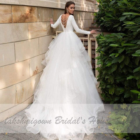 NumberSea Vintage Rüschen Brautkleid Langarm