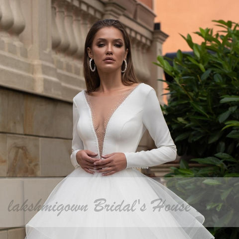 NumberSea Vintage Rüschen Brautkleid Langarm