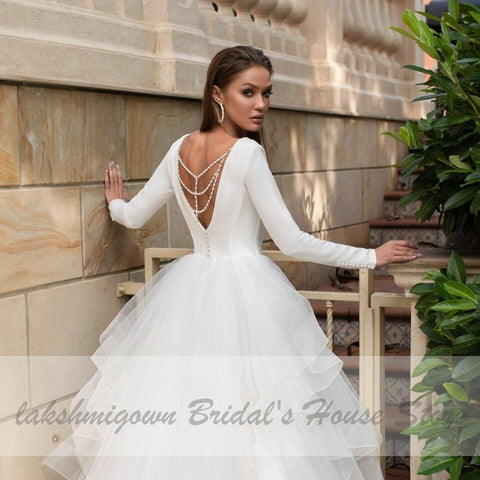 NumberSea Vintage Rüschen Brautkleid Langarm