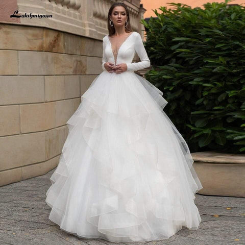 NumberSea Vintage Rüschen Brautkleid Langarm