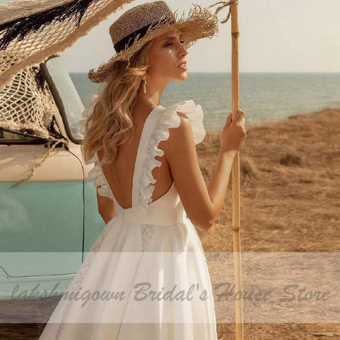NumberSea Vintage Satin Brautkleid Tee Länge Sommer Strand