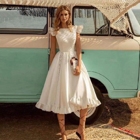 NumberSea Vintage Satin Brautkleid Tee Länge Sommer Strand