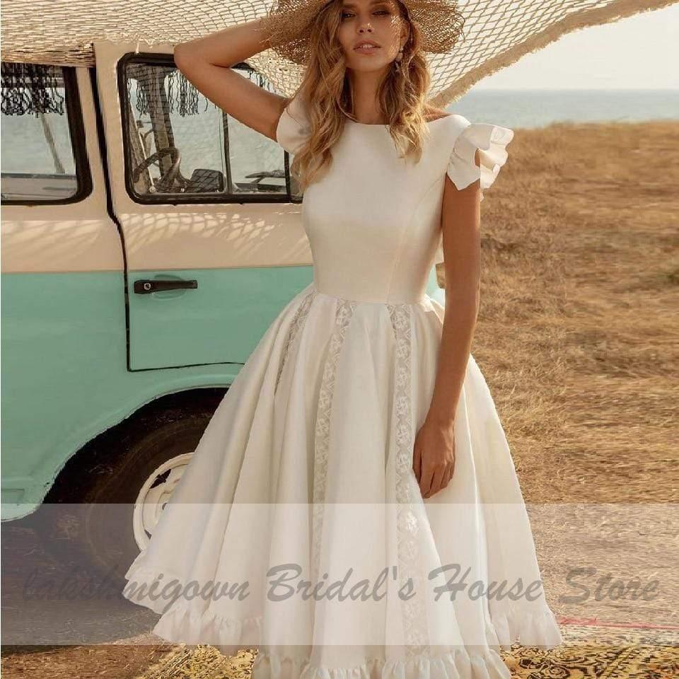 NumberSea Vintage Satin Wedding Dress Tea Length Summer Beach