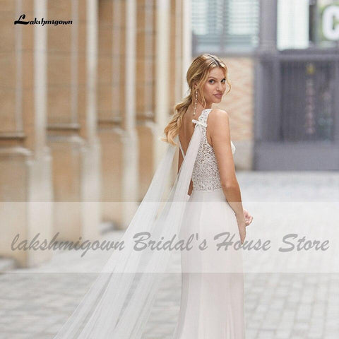 NumberSea Vintage Satin Brautkleid mit Flügeln Boho Style V-Ausschnitt