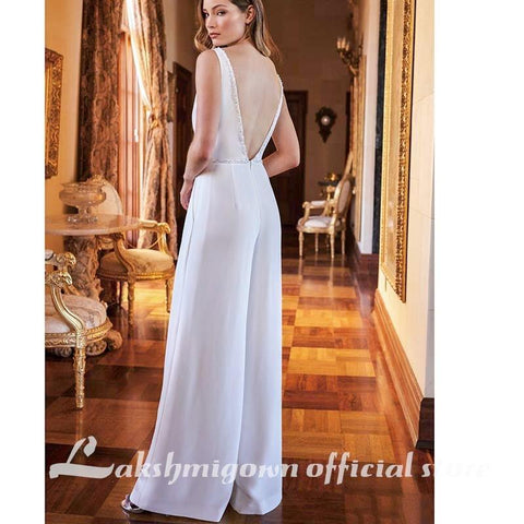 NumberSea Vintage Satin Brautkleider Jumpsuit Perlen