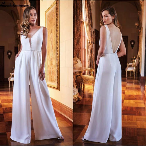 NumberSea Vintage Satin Brautkleider Jumpsuit Perlen