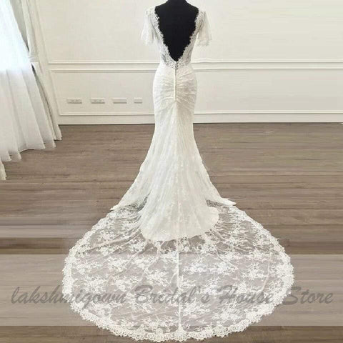 NumberSea Vintage Kurzen Ärmeln Spitze Brautkleid Meerjungfrau Stil