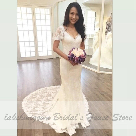 NumberSea Vintage Kurzen Ärmeln Spitze Brautkleid Meerjungfrau Stil