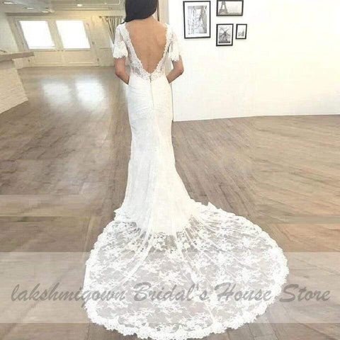 NumberSea Vintage Kurzen Ärmeln Spitze Brautkleid Meerjungfrau Stil
