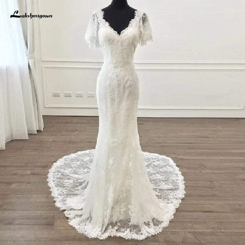 NumberSea Vintage Kurzen Ärmeln Spitze Brautkleid Meerjungfrau Stil