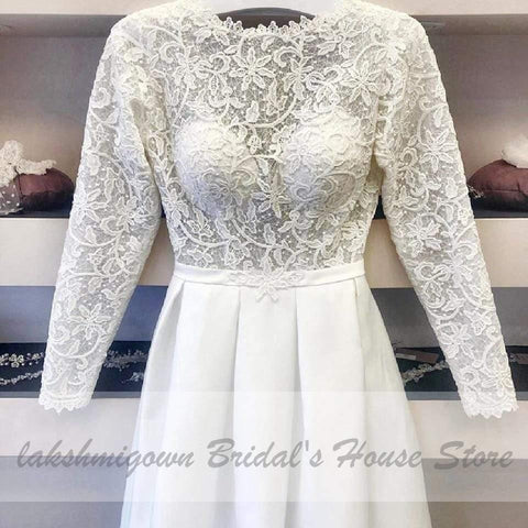 Elegante vestido de noiva vintage NumberSea curto com aplicações de renda e manga comprida
