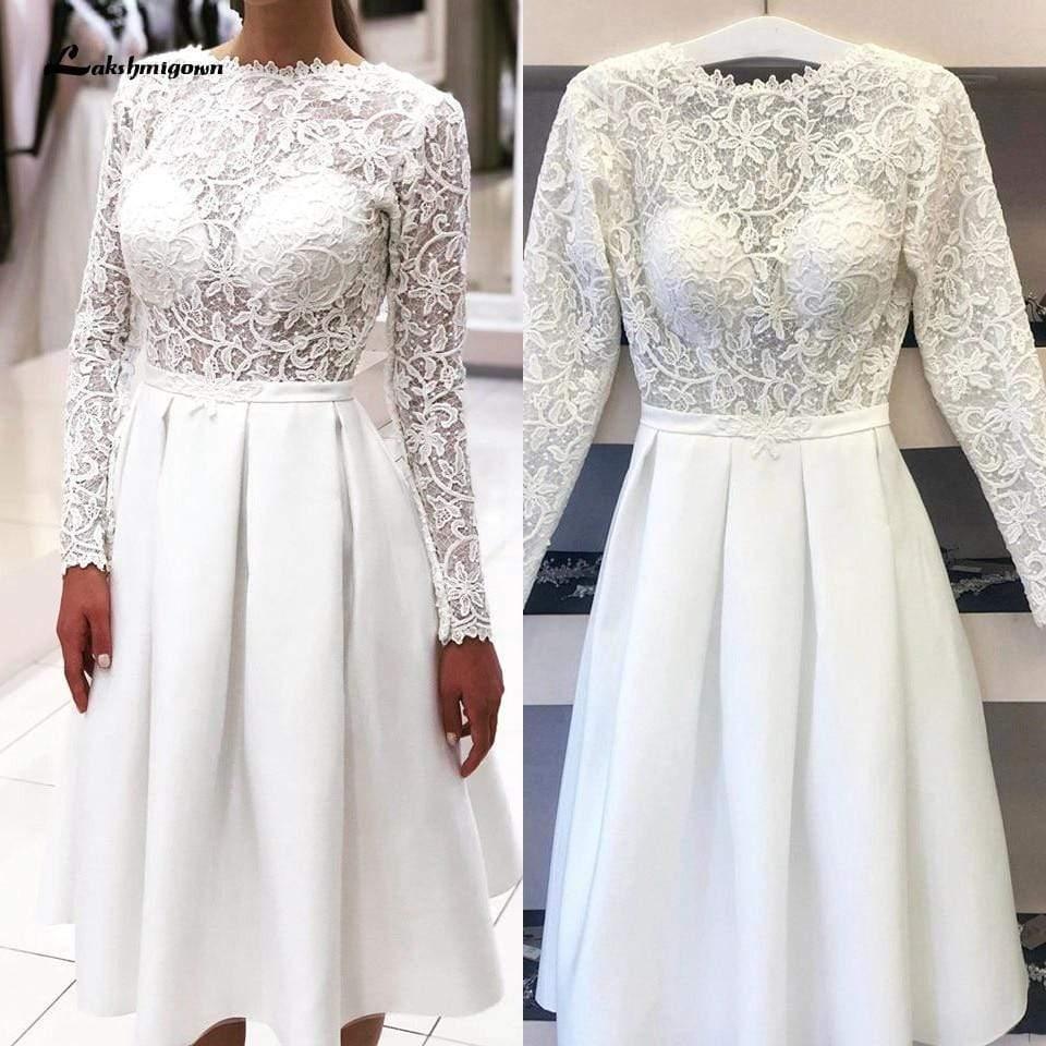 NumberSea Vintage Wedding Dress Short Elegant Lace Appliques Long Sleeve