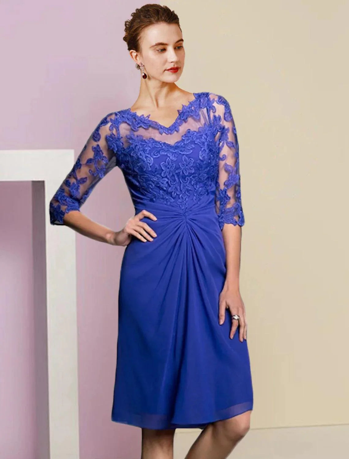 Vestido de mãe da noiva de duas peças, bainha/coluna, formal, para convidada de casamento, vintage, elegante, decote em V, comprimento até ao joelho, chiffon, renda, meia manga, vestidos com aplicações