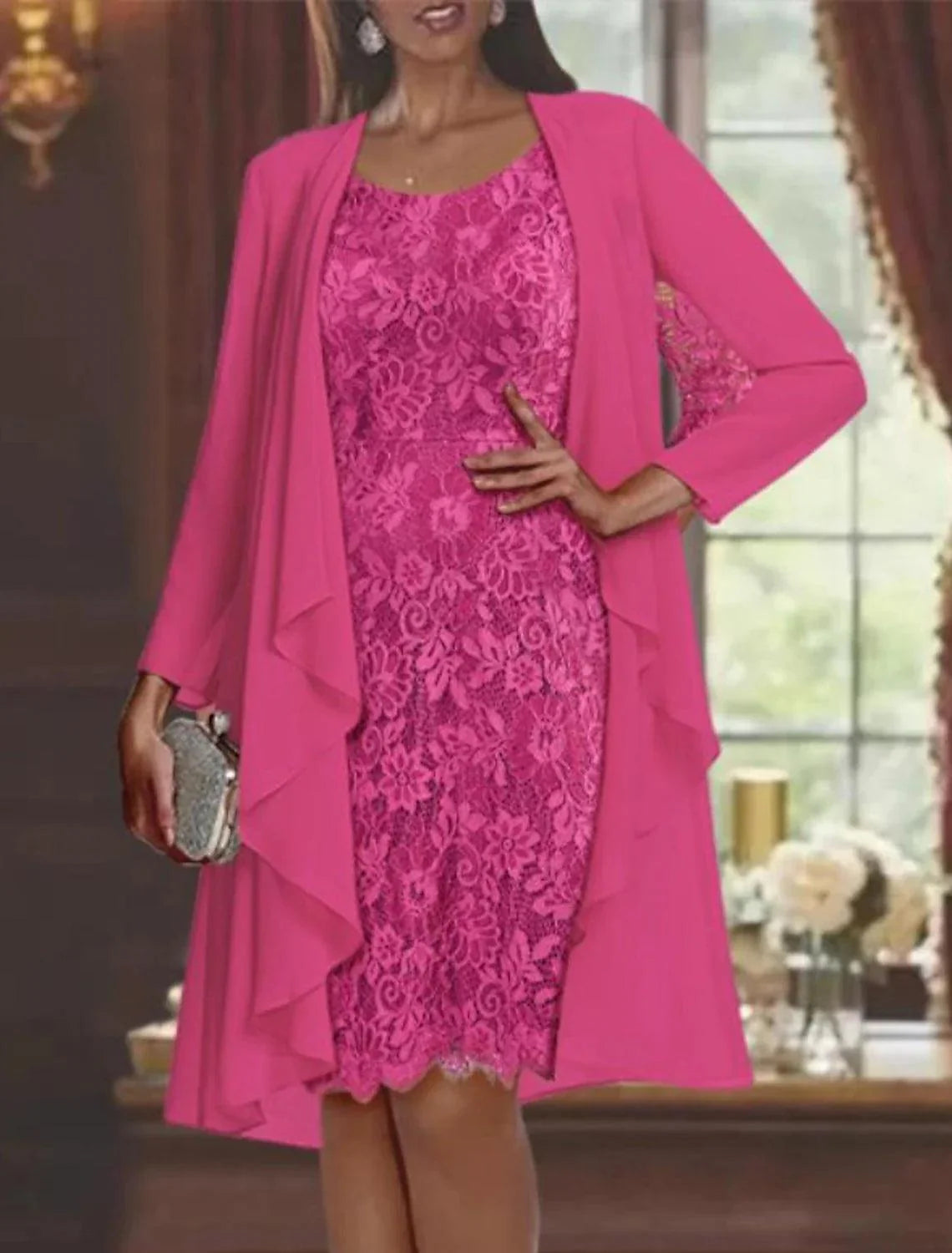 Vestido de mãe da noiva de duas peças, bainha/coluna, formal, para convidados de casamento, elegante, decote redondo, comprimento até ao joelho, chiffon, renda, manga 3/4, vestidos casaco com cor sólida, outono