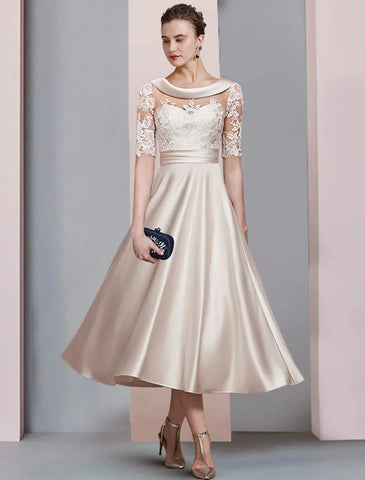 Kleid für die Brautmutter, A-Linie, Herbstkleid für Hochzeitsgäste, Vintage, elegant, U-Ausschnitt, knielang, Satin, Spitze, halbe Ärmel mit gerüschten Applikationen