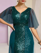 Vestido tubinho/coluna para mãe da noiva, convidada formal para casamento, elegante, com brilho e decote em V alto e baixo, comprimento até ao joelho, chiffon, lantejoulas, manga curta com pregas