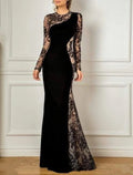 Meerjungfrau/Trompete Kleid für die Brautmutter, Herbst, Hochzeit, Gast, Party, elegant, Rundhalsausschnitt, bodenlang, Spitze, Samt, lange Ärmel, nein, mit Applikationen, Farbblock