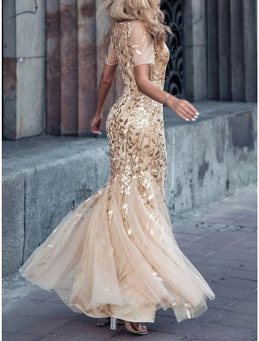 Meerjungfrau/Trompete Kleid für die Mutter der Braut, Hochzeitsgast, funkelnd und glänzend, elegant, Rundhalsausschnitt, bodenlang, mit Pailletten besetzt, kurze Ärmel mit Falten, Pailletten