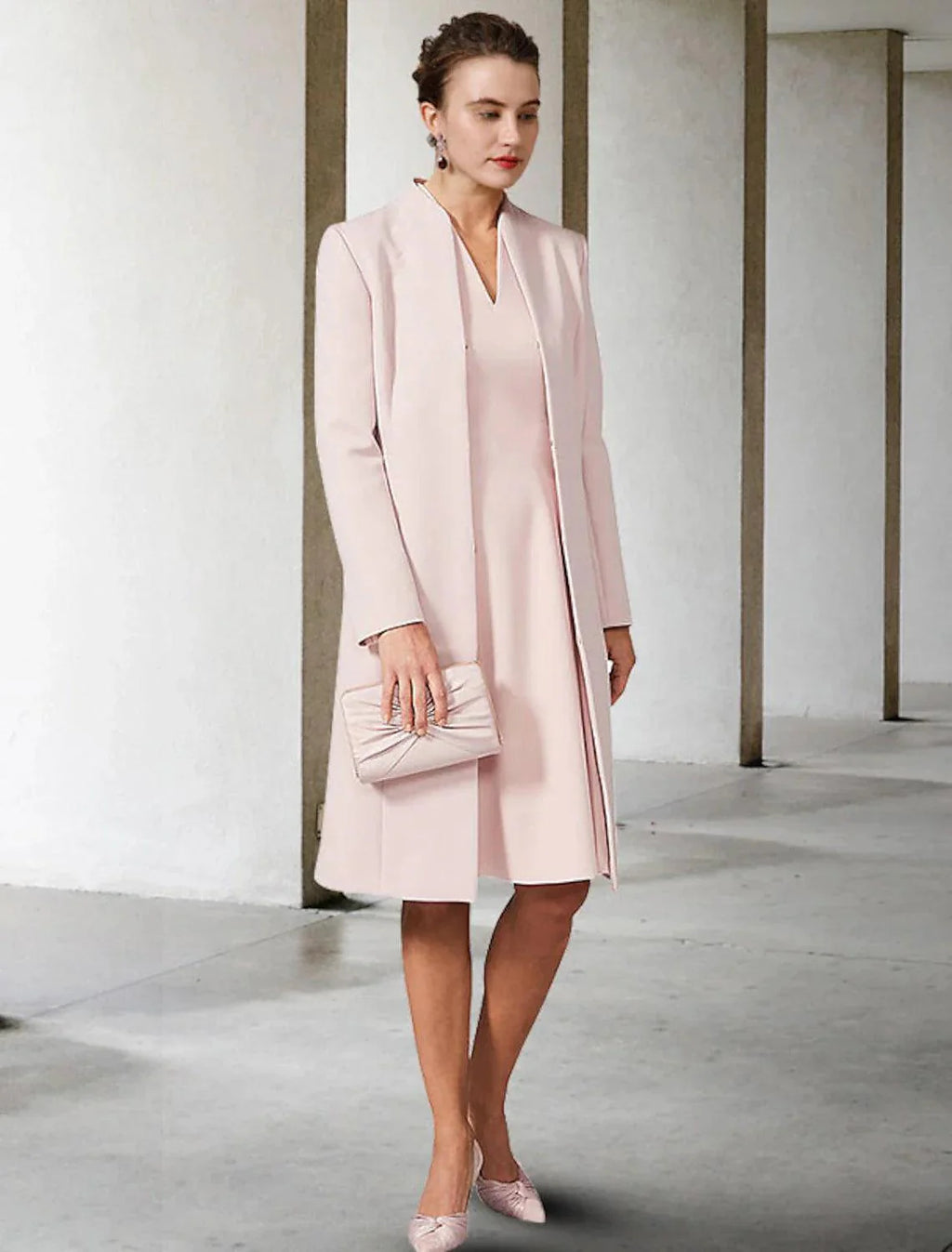 Two Piece A-Line Mother of the Bride Dress Wedding Guest Church Elegant V Neck Knee Length Chiffon Short Sleeve Jacket Dresses with Solid Color Fall