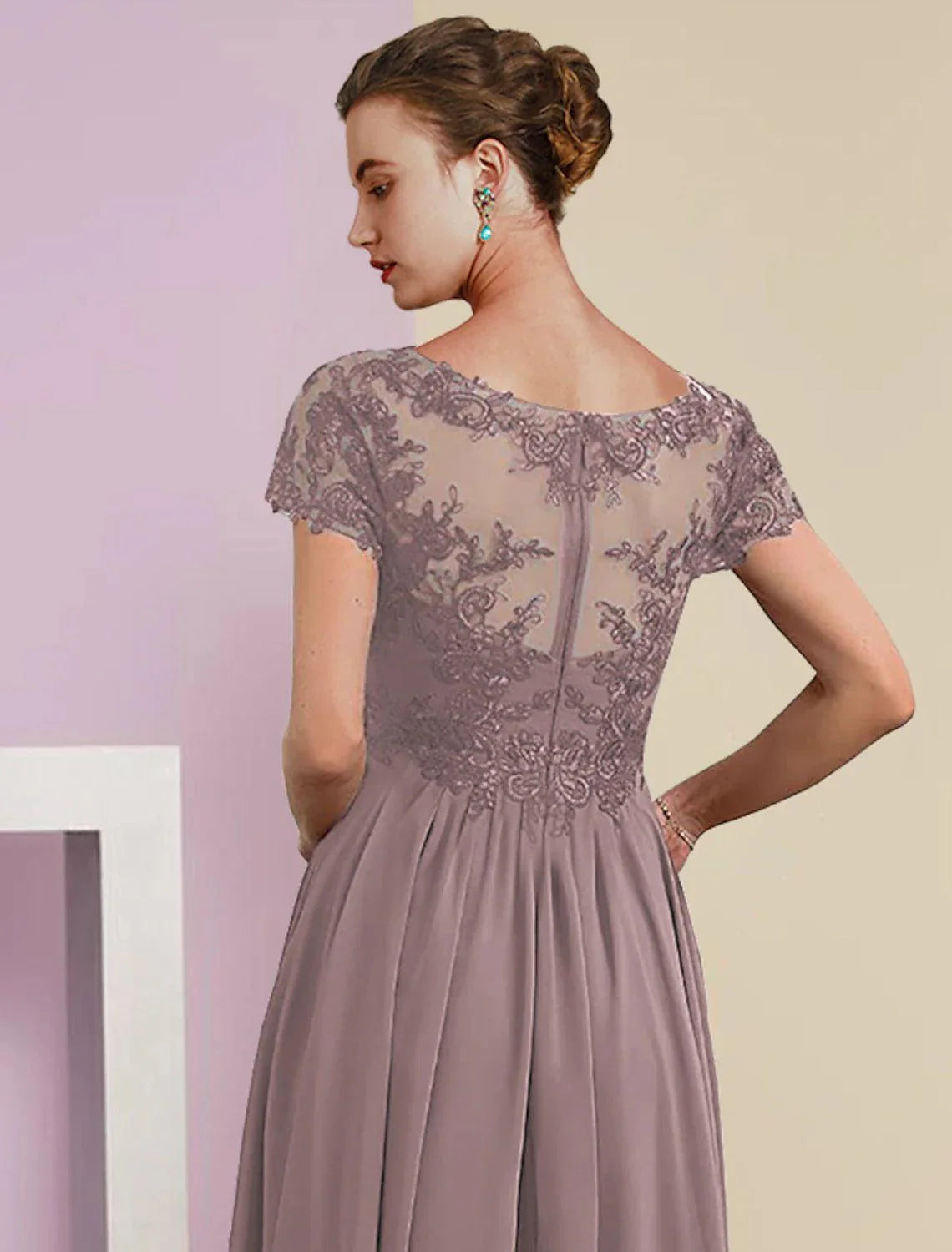 Vestido de mãe da noiva em duas peças, corte A, formal, outono, para convidada de casamento, elegante, decote em V, comprimento chá, renda, manga curta, envoltório, incluído com pregas, aplicações