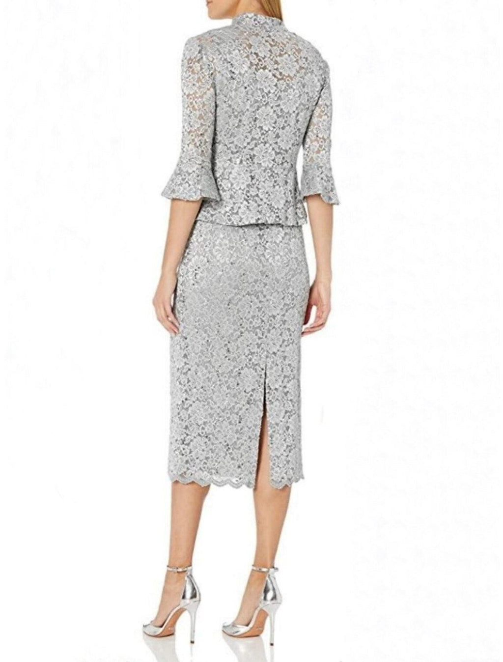 Zweiteiliges Kleid für die Mutter der Braut, Hochzeitsgast, minimalistisch, elegant, U-Ausschnitt, knielang, Spitze, 3/4-Ärmel, mit Schlitz vorne