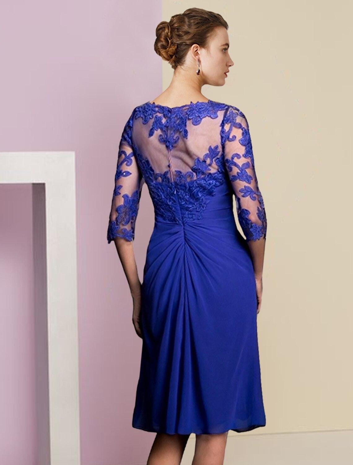 Vestido de mãe da noiva de duas peças, bainha/coluna, formal, para convidada de casamento, vintage, elegante, decote em V, comprimento até ao joelho, chiffon, renda, meia manga, vestidos com aplicações