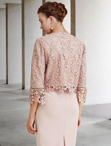 Two Piece Sheath / Column Mother of the Bride Dress Church Elegant Jewel Neck Knee Length Chiffon Lace Short Sleeve Short Jacket Dresses with Ruffles Appliques