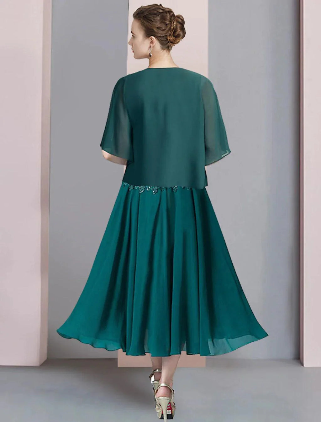 Vestido de mãe da noiva em duas peças, corte A, formal, para convidada de casamento, elegante, decote em V, comprimento chá, chiffon, renda, manga curta, incluído com aplicações de lantejoulas