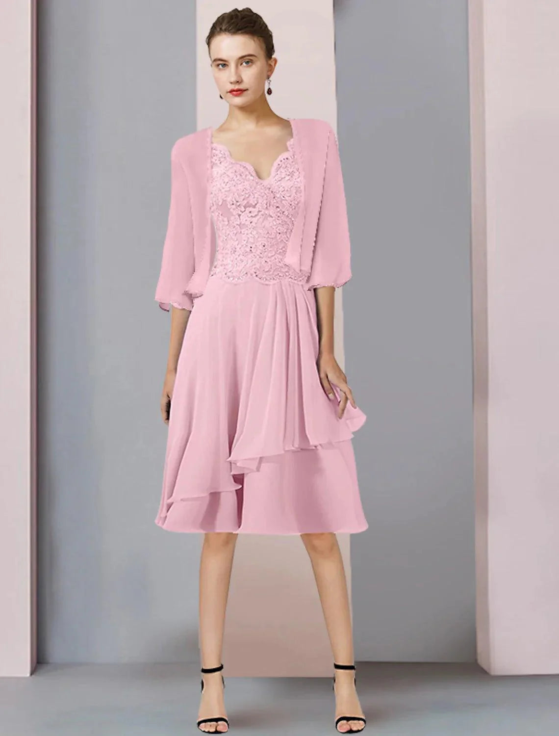 Vestido de mãe da noiva em duas peças, corte A, formal, para convidada de casamento, elegante, decote em V, comprimento até ao joelho, chiffon, renda, manga 3/4, wrap, incluído com aplicações de lantejoulas e missangas